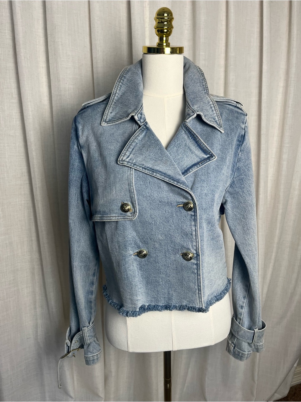 Generation Love Light Wash Cropped Double-Breasted Denim Jacket Moto Style EUC
